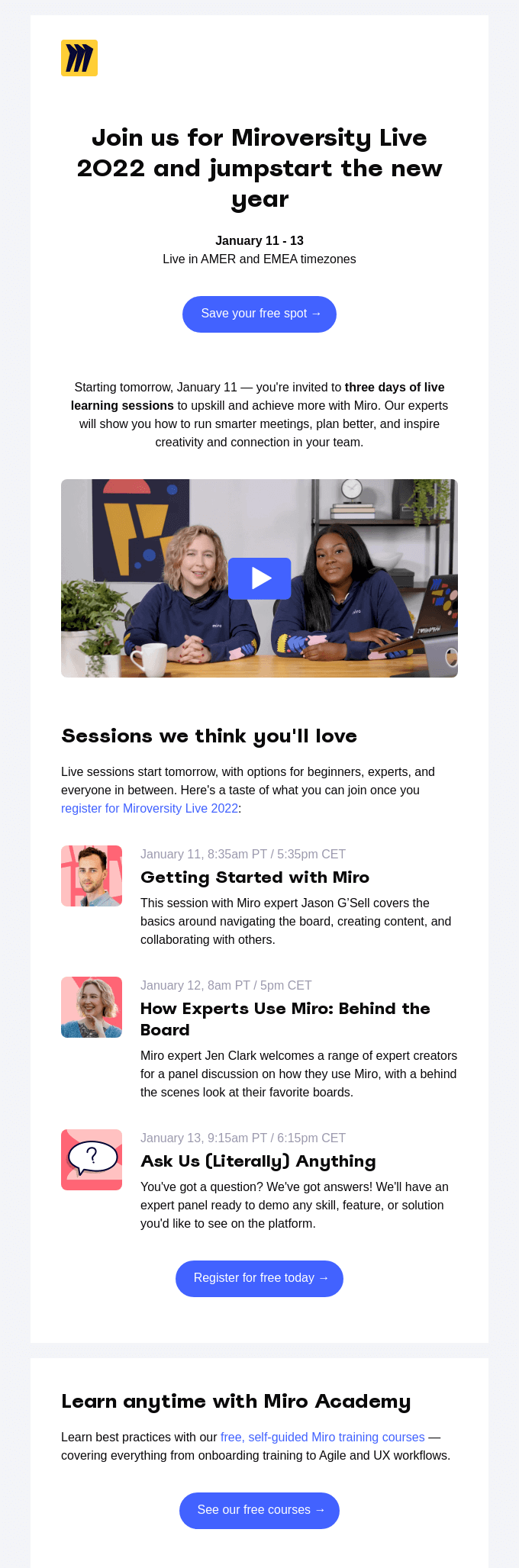 Webinar email by Miro that includes several CTAs for different purposes.