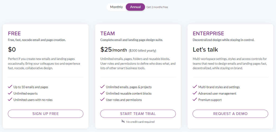 beefree annual pricing plans