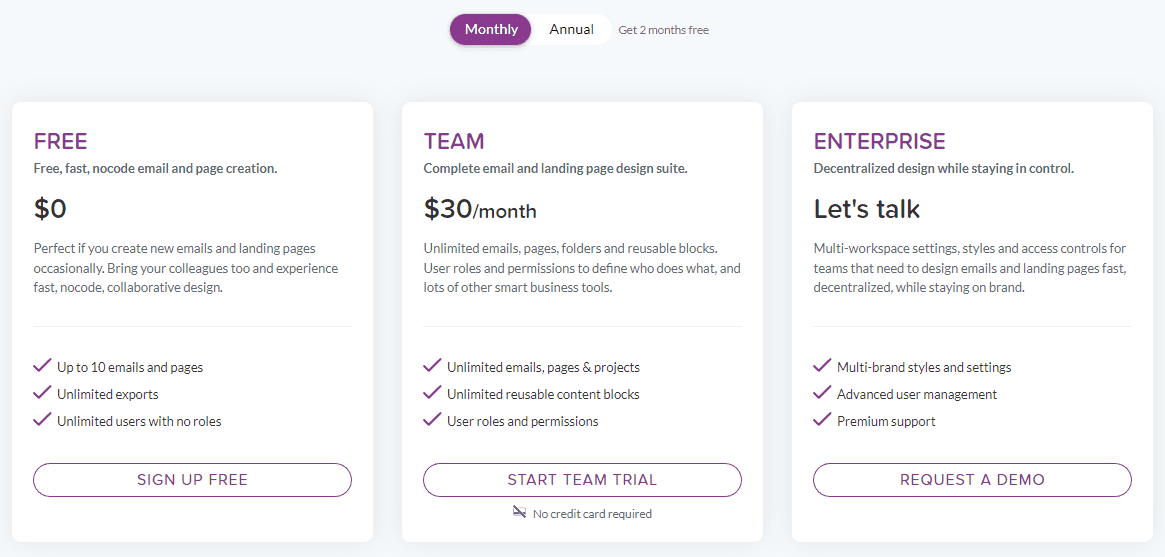 beefree montly pricing plans