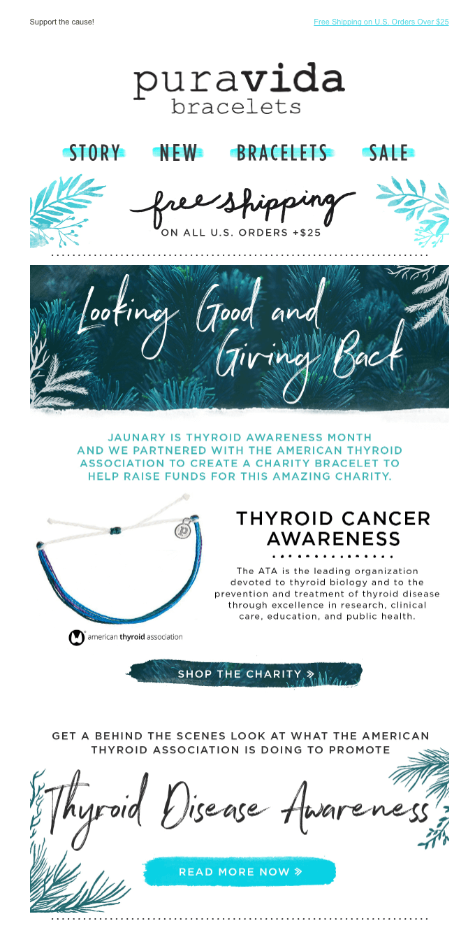 Fundraising email by Pura Vida Bracelets that promotes a charity bracelet