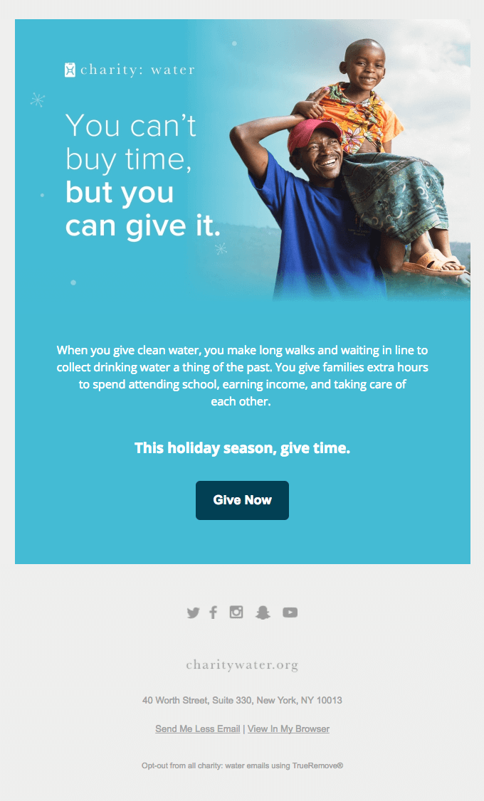 Fundraising email by Charity Water that features an emotional email copy