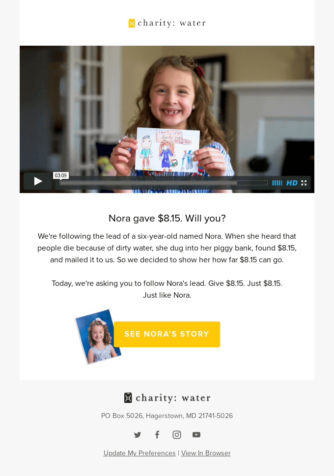 Fundraising email by Charity Water that features a video of a girl who donated money to charity