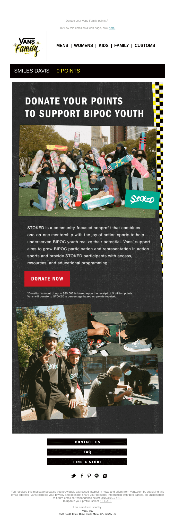 Fundraising email by Vans that includes a highly noticeable CTA button