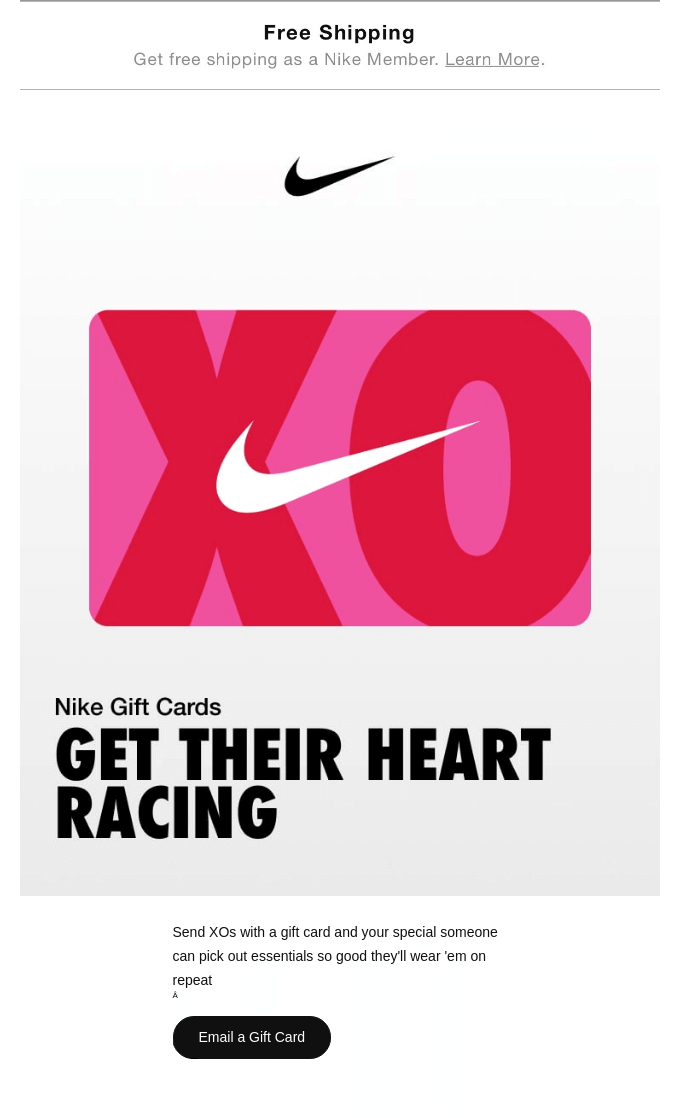 Valentine's Day email by Nike that features the brand's logo against red and pink background.