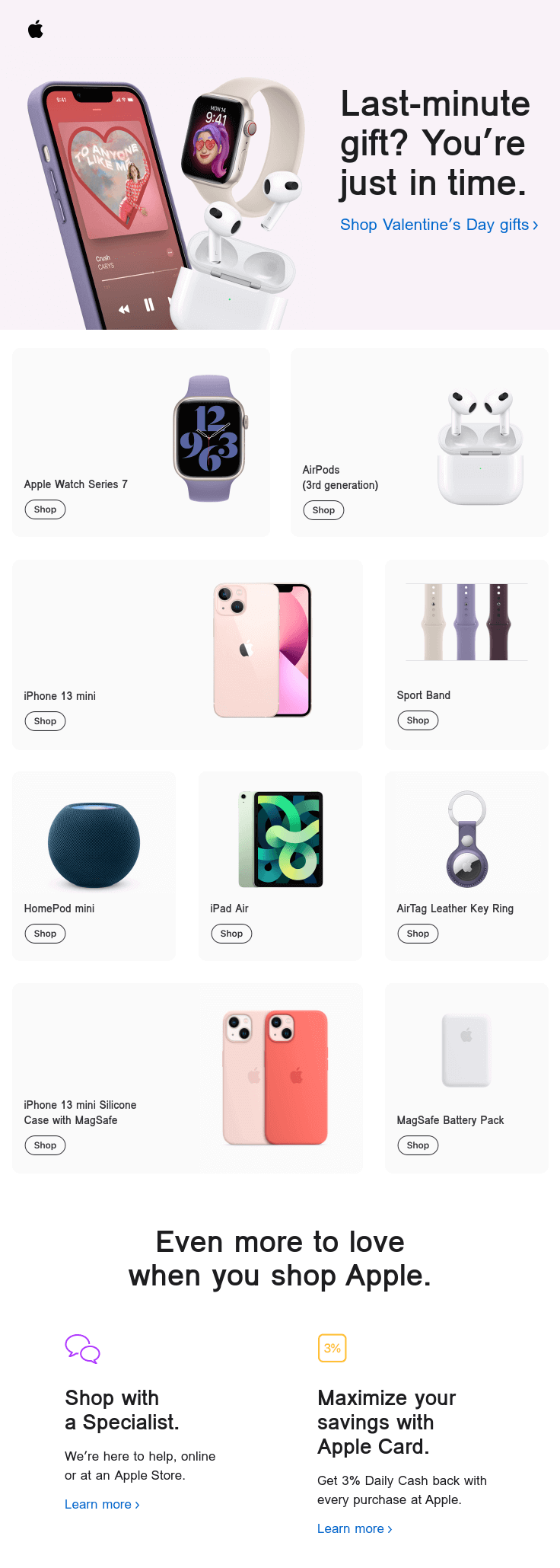 Valentine's Day email by Apple that includes a last-minute gift catalog.