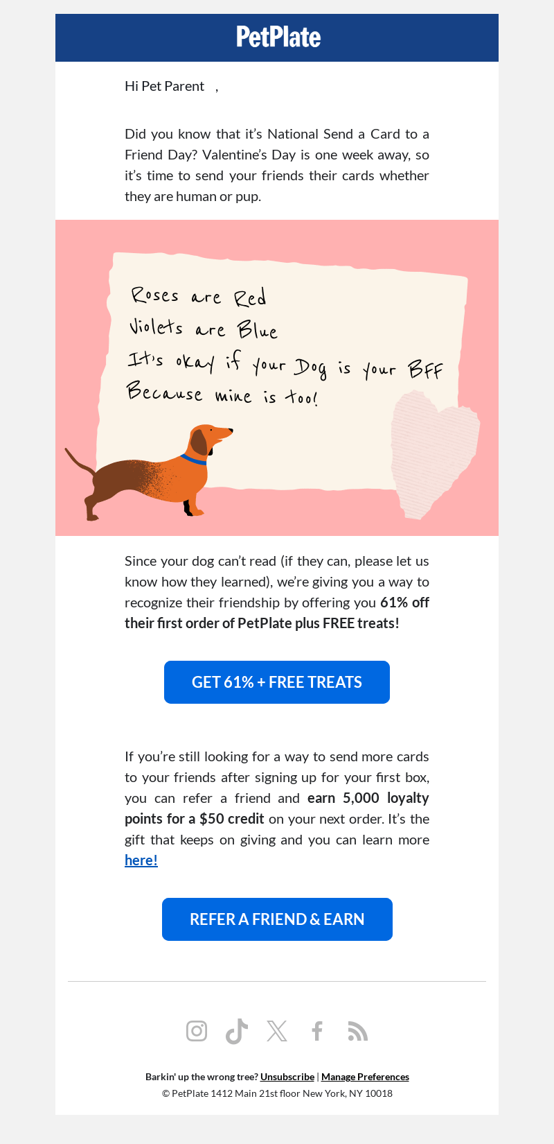 Valentine's Day email by PetPlate that features a message to a Pet Parent.