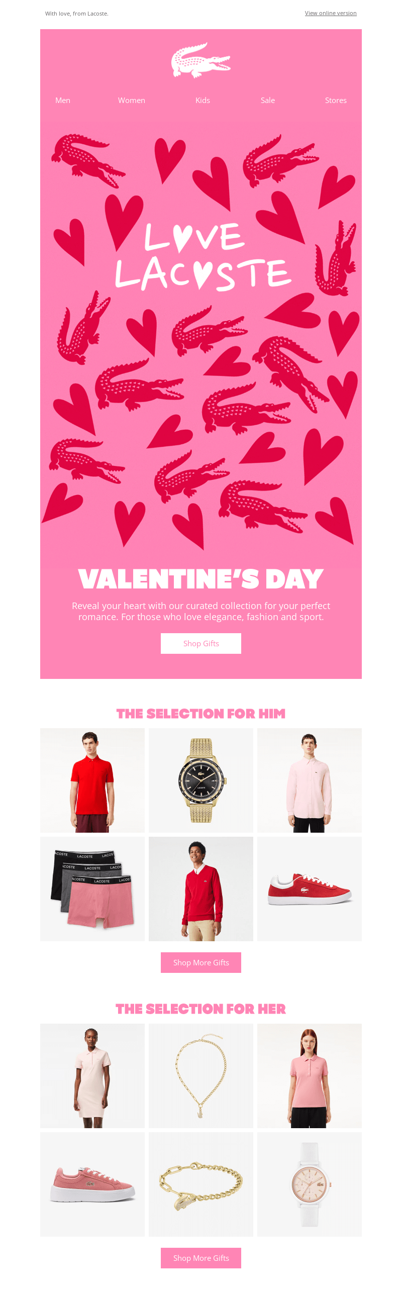 Valentine's Day email by Lacoste that features holiday-themed design and gift selection.