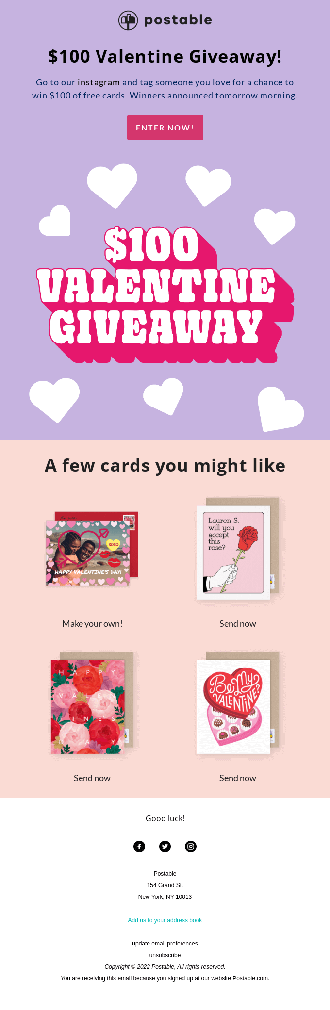 Valentine's Day email by Postable that features a 0 Valentine card giveaway.