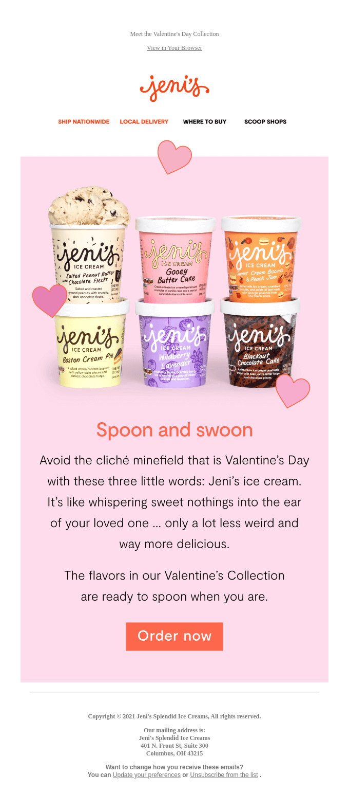 Valentine's Day email by Jeni's that showcases holiday-special products.