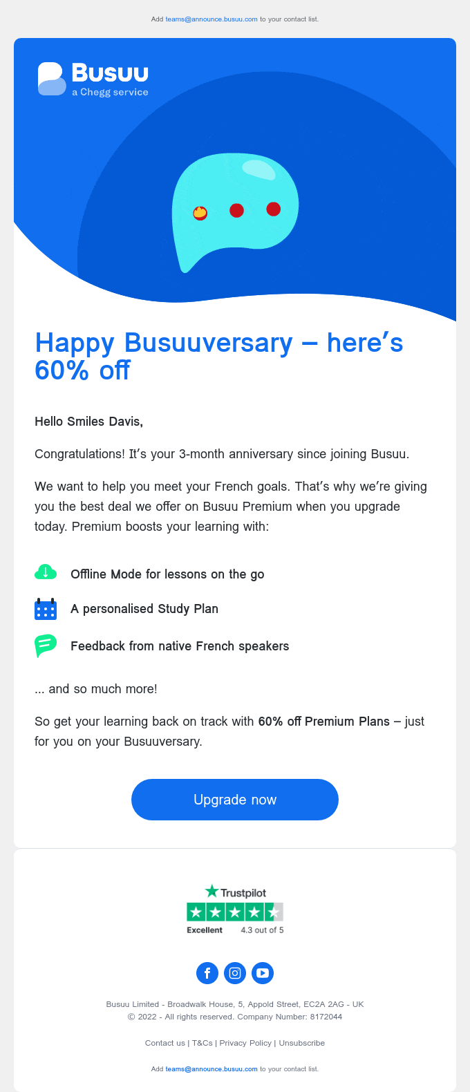 Retention email by Busuu that congratulates the reader with Busuuversary and offers a discount