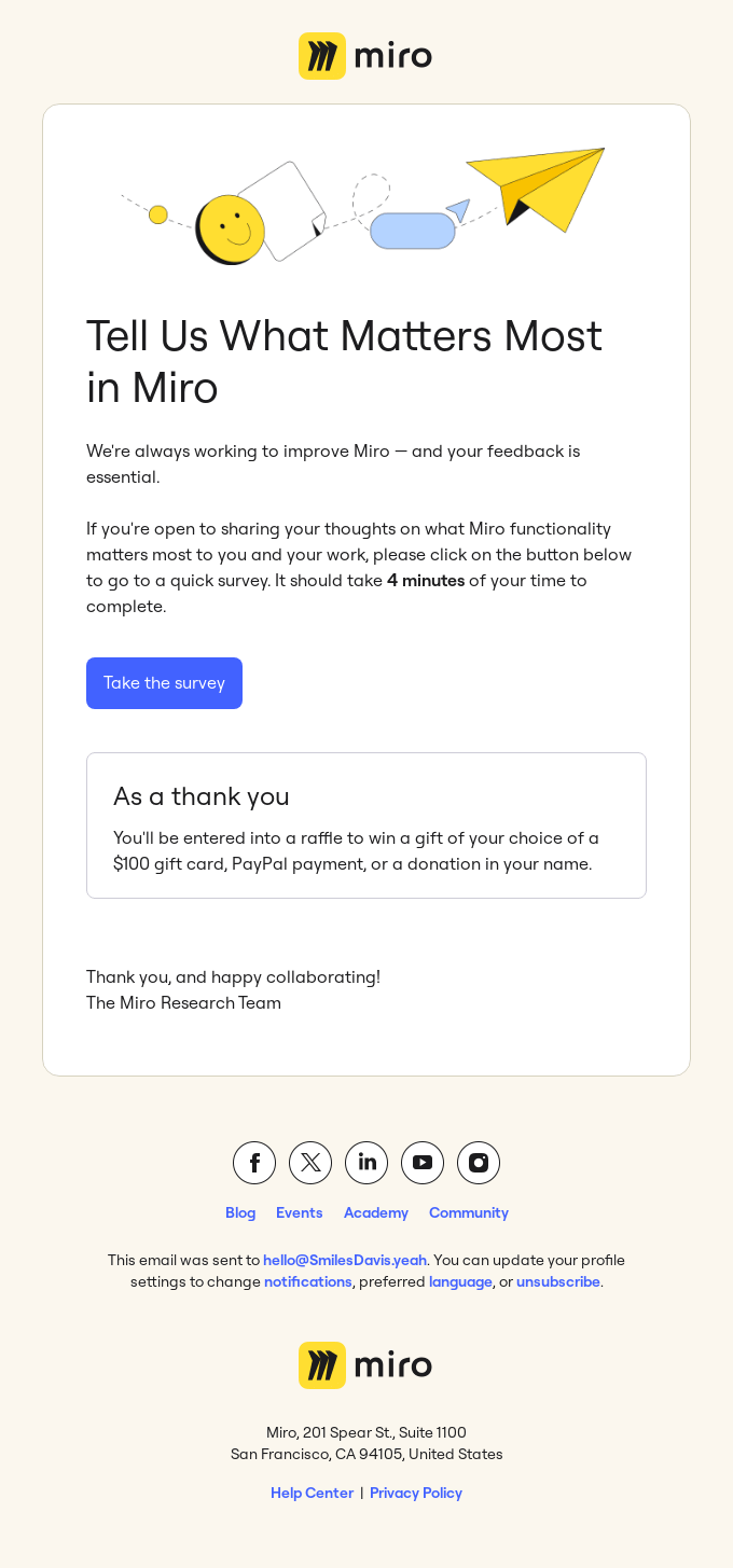 Reminder email by Miro that asks the reader to pass a survey with a chance to win a prize