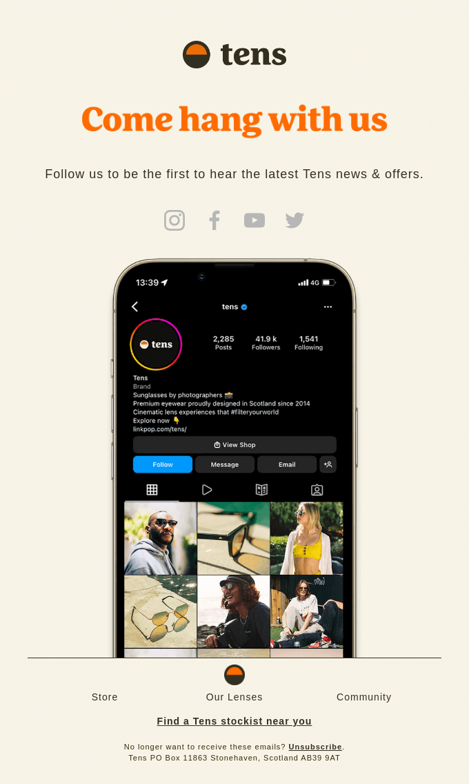 Retention email by Tens that invites the reader to follow the brand's Instagram page