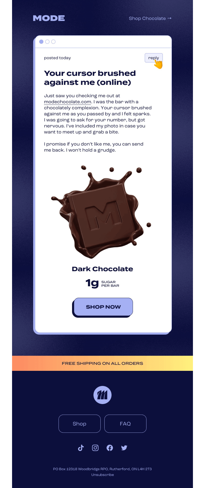 Retention email by Mode Chocolate with a playful reminder message