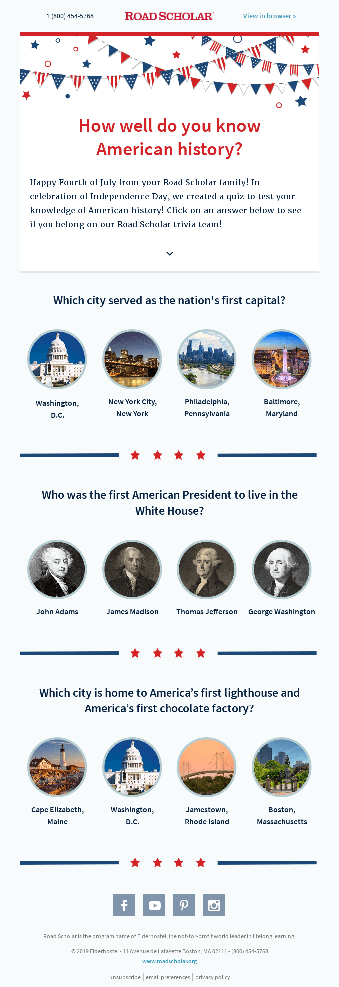 4th of July email by Road Scholar that features a quiz on American history
