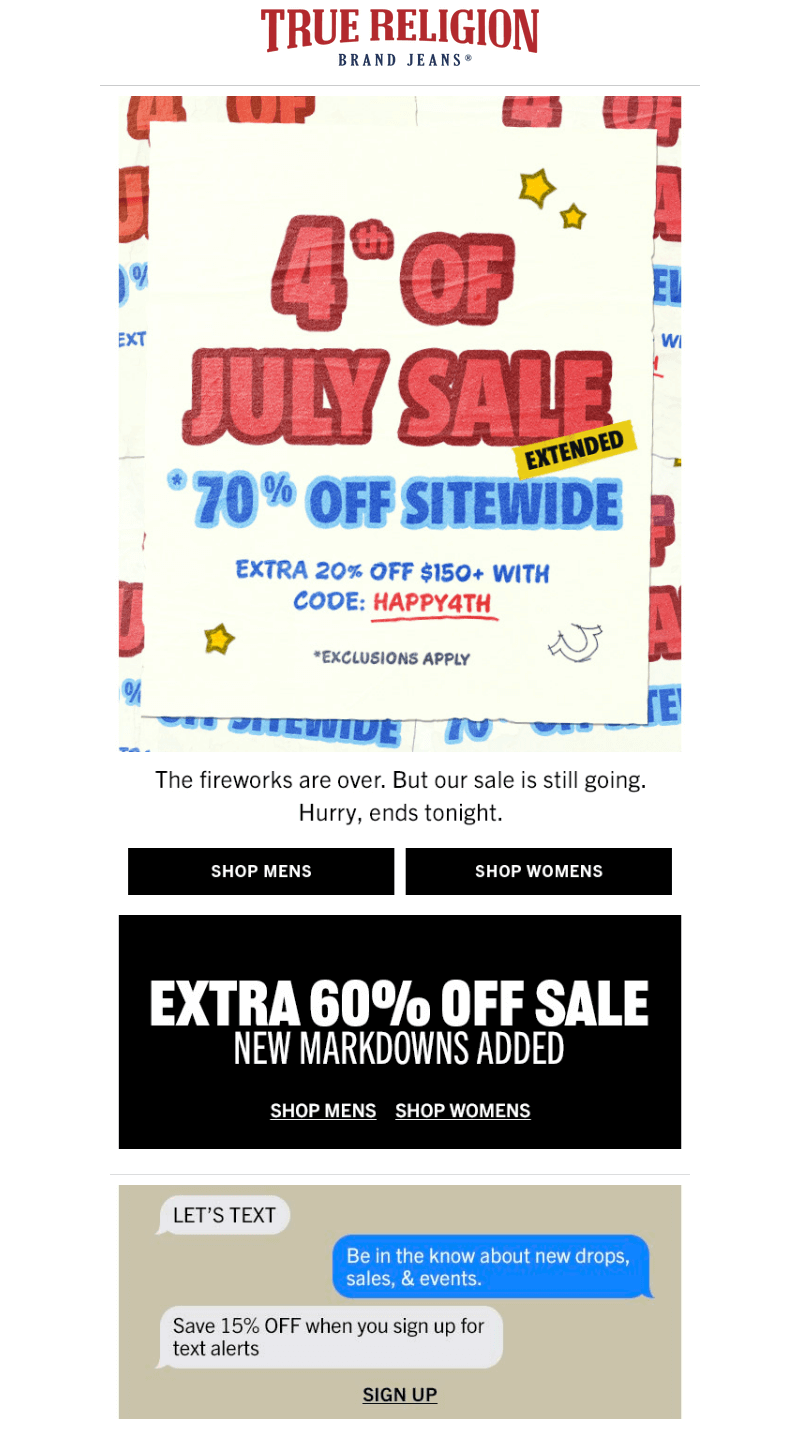 4th of July email by True Religion that announces extended holiday sales