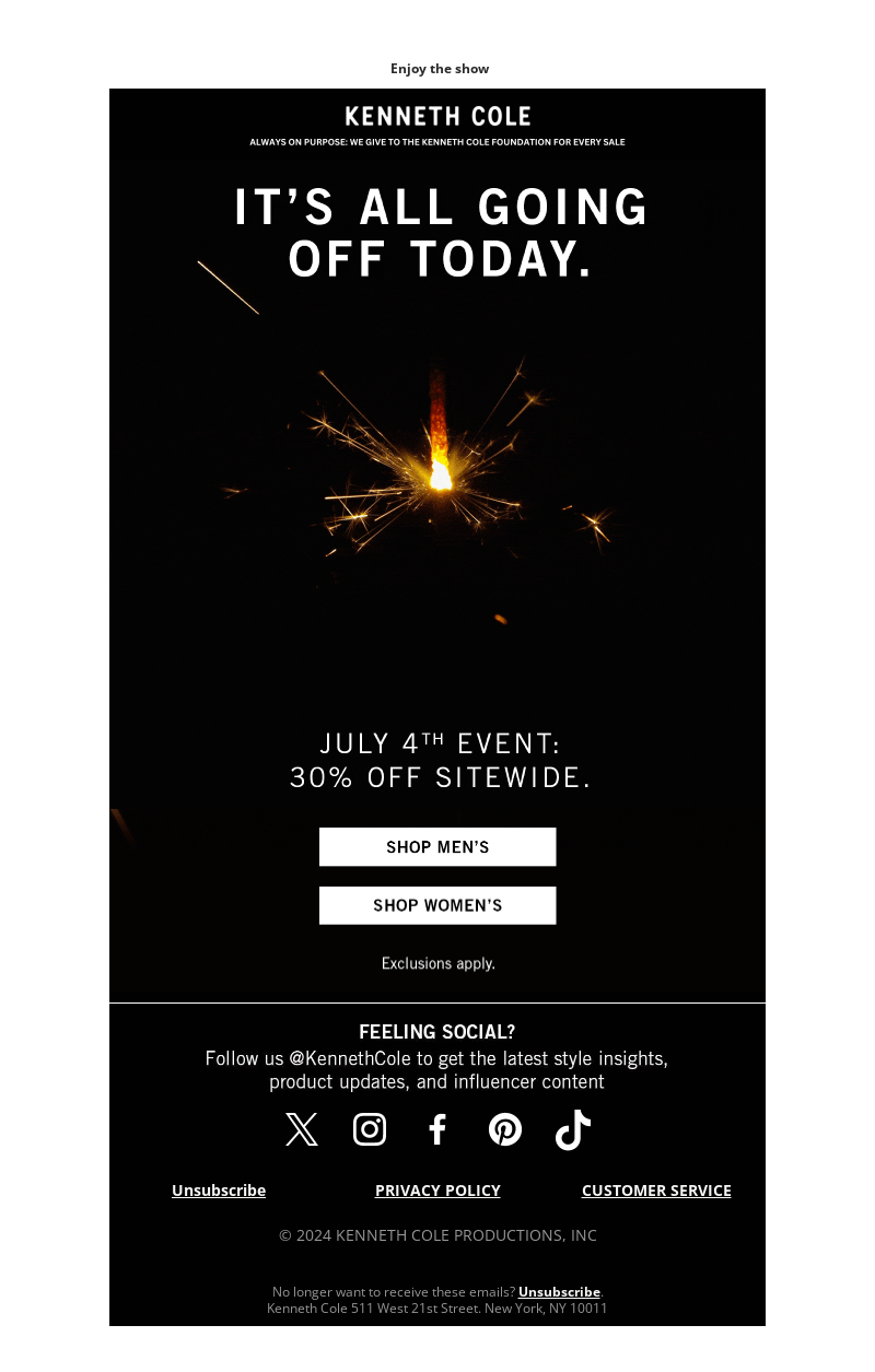 4th of July email by Kenneth Cole that announces the holiday sale