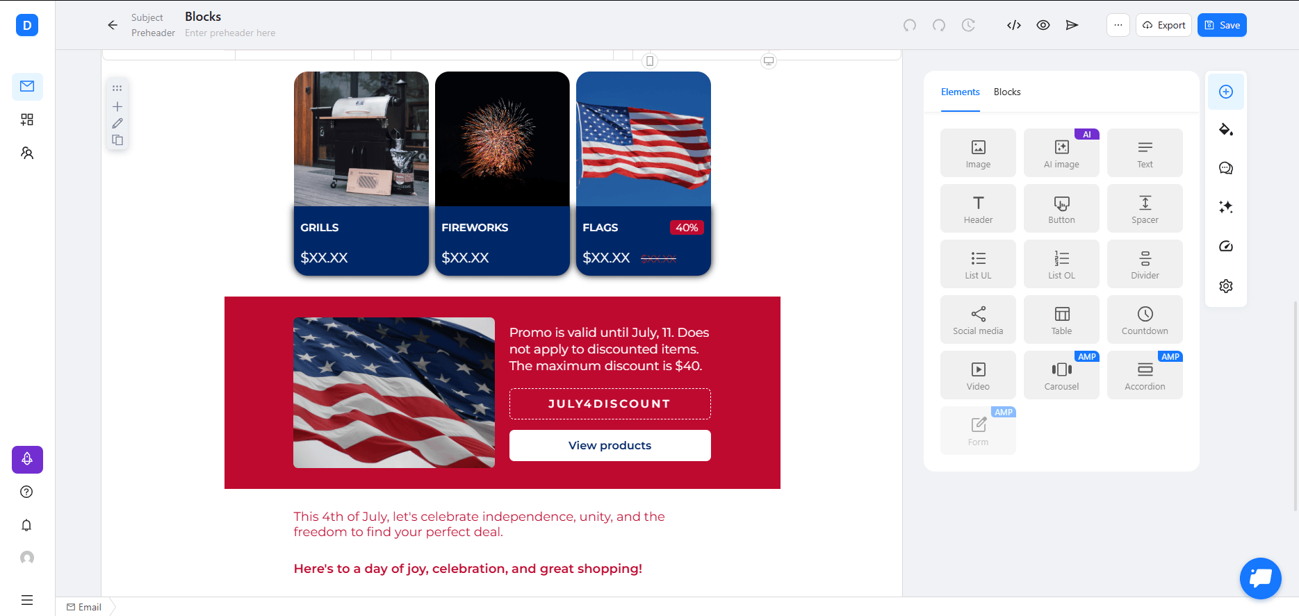 4th of July email template created using Blocks email builder