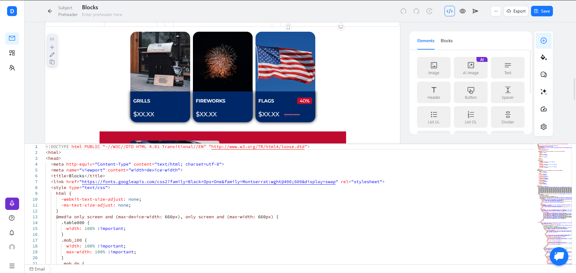 Code panel opened during the 4th of July email template editing