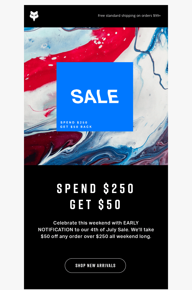 4th of July email by Fox Racing that offers a discount for orders over 0