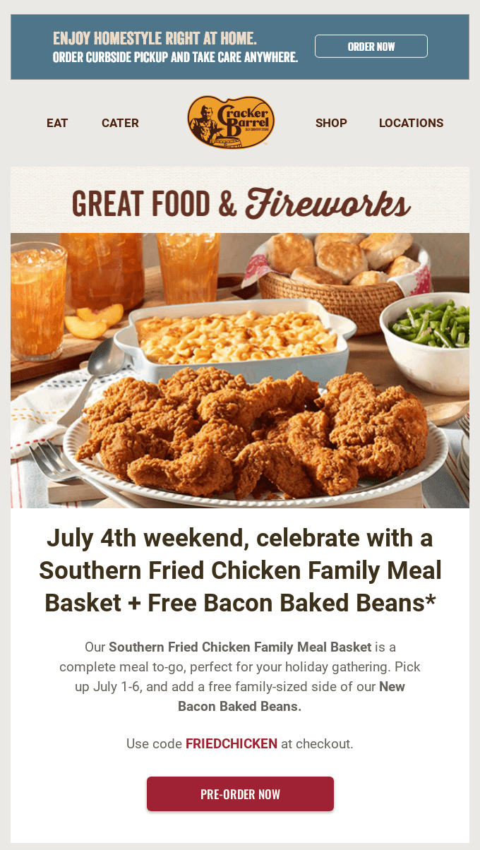 4th of July email by Cracker Barrel that features a holiday-special dish