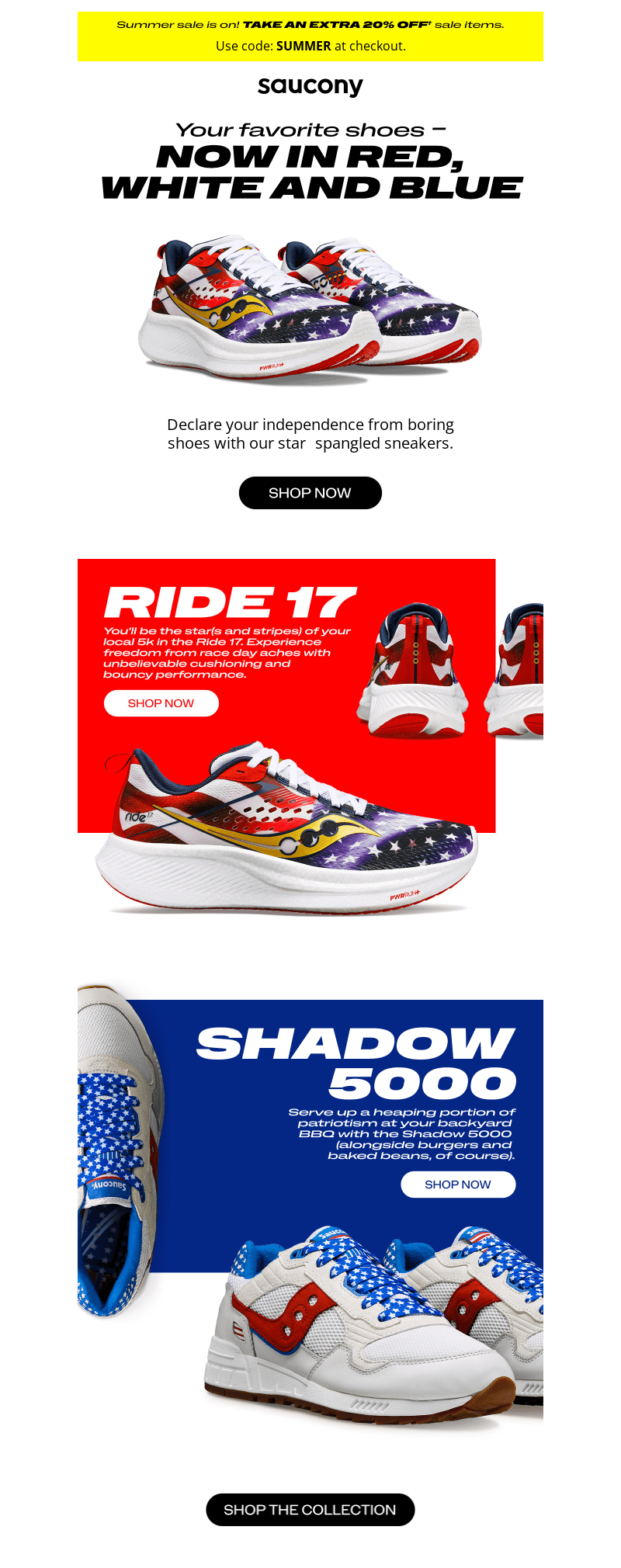 4th of July email by Saucony that features sneakers with a holiday-inspired design